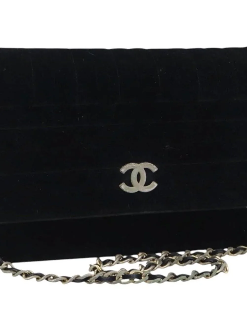 CHANEL Mademoiselle Chain Shoulder Bag Velor Black Gold CC Auth bs33251